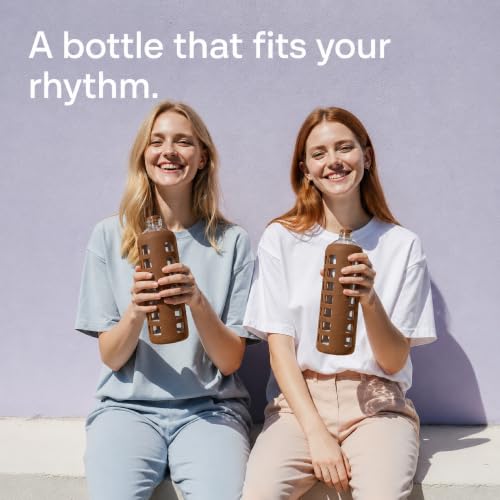 40oz / 32oz / 22oz / 12oz Borosilicate Glass Water Bottle with Time & Volume Markers, Silicone Sleeve, Stainless Steel Lid – Reusable Glass Bottle for Water & Juice (32oz Earth Brown) (Earth Brown / 32 Ounces)