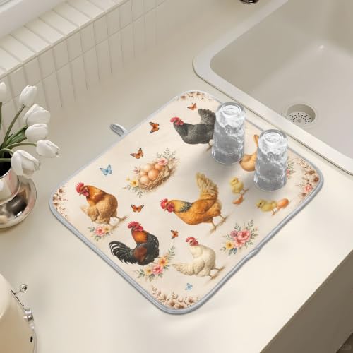 Farmhouse Rooster Dish Drying Mat for Kitchen Counter Absorbent Microfiber Small Drying Pad Dish mats for Kitchen Countertops 16 x 18 Inch (Farmhouse Rooster / 18" x 16")