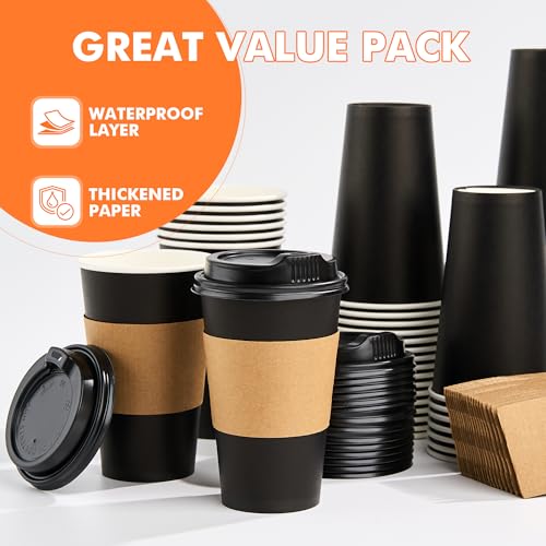 50 Pack 16 oz Disposable Coffee Cups with Lids and Sleeves (Black / 16 oz)