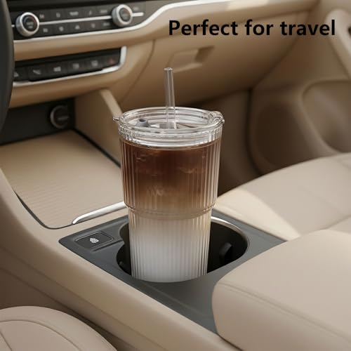 Ribbed 2pack 20oz Glass Cups with Bamboo & Plastic Lids and Straws (Transparent with Stripe / 20oz-2pack)