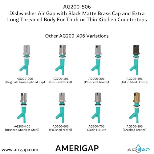 Dishwasher Air Gap with Skirted Black Matte Brass Cap and Extra Long Threaded Body for Thick or Thin Kitchen Countertops (AG200-506)
