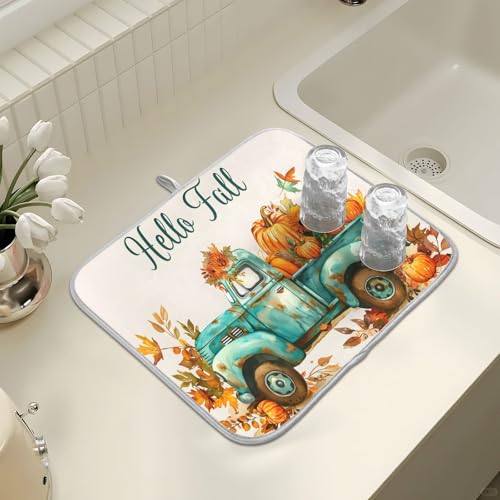 Vintage Fall Truck with Pumpkins Autumn Leaves Dish Drying Mat for Kitchen Counter Absorbent Microfiber Small Drying Pad Dish Mats for Kitchen Countertops 16 x 18 Inch (18" x 16")