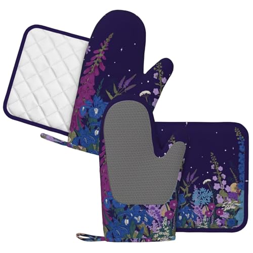 Wildflowers Florals Oven Mitts Pot Holders Set Silicone Heat Resistant Wildflowers Oven Mitts and Hot Pads Florals Potholders Non (Purple)