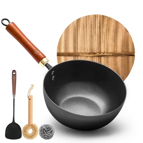 8.7 Inch Carbon Steel Mini Wok with Wooden Lid (8.7 inch)