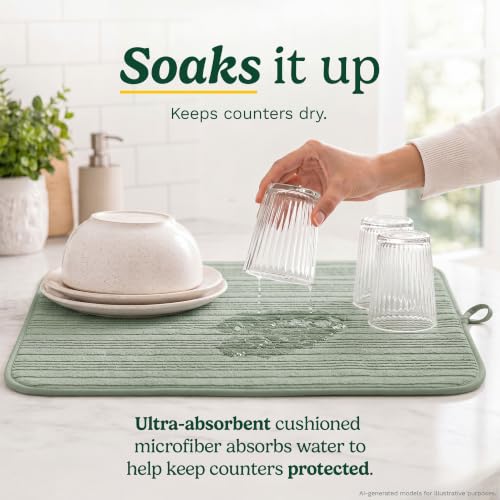 Cuisinart Dish Drying Mat for Kitchen Counter (Horizontal Stripes Sage)