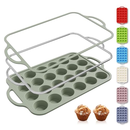 24 Cups Silicone Muffin Pan with Metal Reinforced Frame Mini Size Cupcake Pan Tray Egg Bites Silicone Circle Cookie Molds Little Small Muffin Tin Tart Pans Baking Sheet Set for Sandwiches (1pc: 24-Cup Mini / Morandi Green)