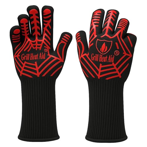 Grill Gloves Heat Proof for Men Grilling BBQ Heat Resistant Gloves (Black & Red / Long Cuff - Medium Palm)