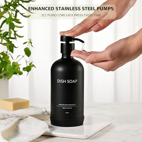 Glass Kitchen Soap Dispenser Set with Ceramic Tray (Black Bottles +Black Pumps)