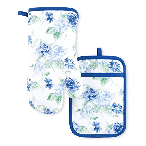 Amber Floral Oven Mitt & Pot Holder Set 2 (Blue)