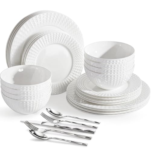 64Pc Bone China Dinnerware & Silverware Set (White-Rhombus / service for 8-64pcs)