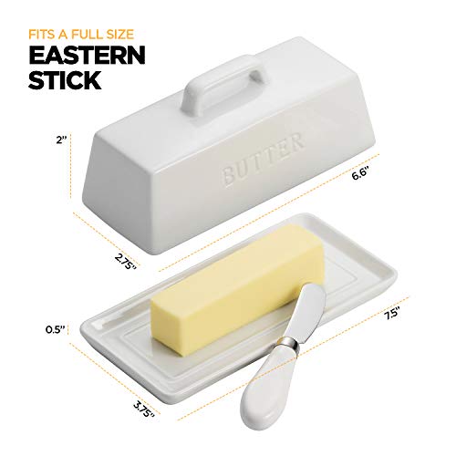 Ceramic Butter Dish Set with Lid and Knife (White)