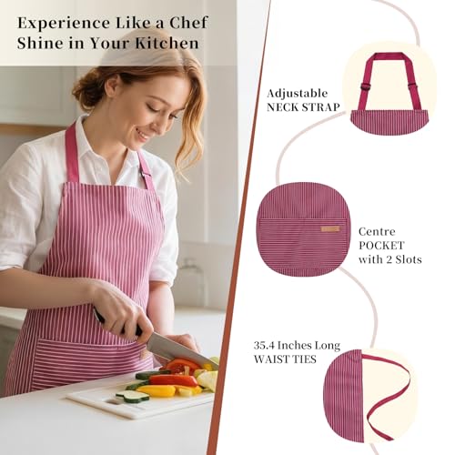 2 Pack Cooking Aprons Adjustable Bib Apron for Women with 2 Pockets (Wine Pinstripes)
