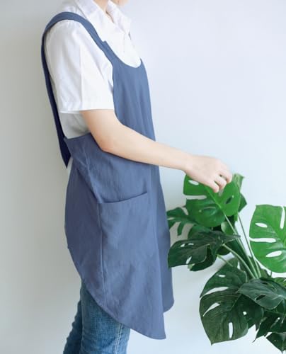 Japanese Cotton Cross Back Kitchen Cooking Aprons for Women with Pockets Cute for Baking Painting Gardening Cleaning Gray Blue (08 - Women's Blue Gray)