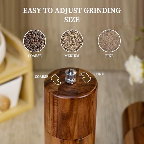 2 Pack Acacia Wooden Salt and Pepper Grinder Set 8 Inches Refillable