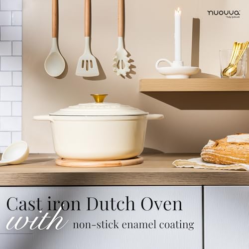 Enamelled Cast Iron Dutch Oven Pot with Lid (Cream / 6.4-Quart - Deep)