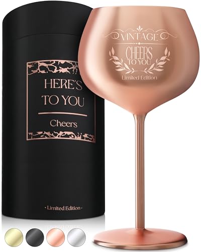 Cheers to You Birthday Wine Glass with Engraved Vintage Quote (All Ages Birthday / Rose Gold)