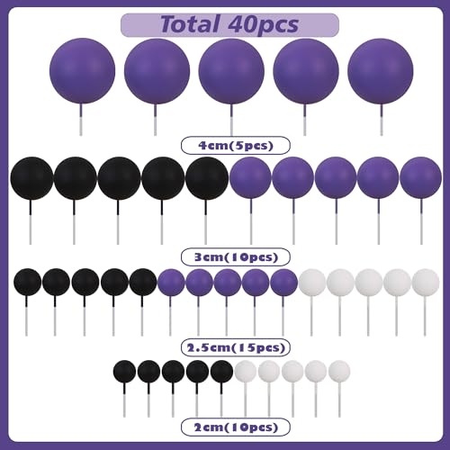 40 pcs Foam Ball Halloween Cake Toppers with Sticks Perfect for Graduation Halloween Cake Decor Birthday Graduation Congrats 2026 Cake Decoration Wednesday Theme Party (40-black White Purple)