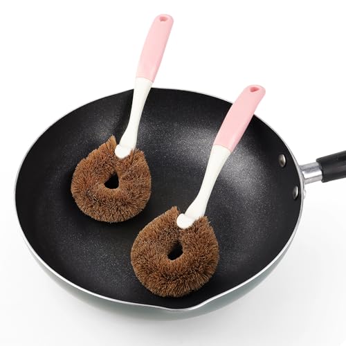 2 Pack Kitchen Scrub Brushes for Cleaning Dish Brush with Handle for Pans (Coconut Fiber)