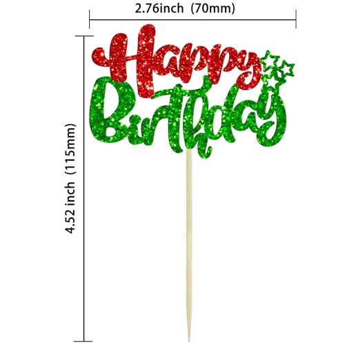24Pcs Happy Birthday Cupcake Toppers Double Layer Glitter Happy Birthday Cake Decorations for Christmas Theme Baby Shower Anniversary Party Decorations Supplies Red Green (Style 1 / Red Green)