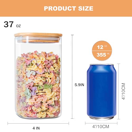 Glass Storage Jars 6 Pack 37oz Clear Glass Food Storage Containers with Airtight Bamboo Lid Stackable Kitchen Canisters for Candy (6 Ounce)
