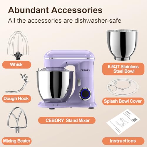 3-IN-1 Electric Stand Mixer, 6.5QT Bowl 660W 10-Speed Kitchen Mixer, Household Food Mixers include Dough Hook, Beater and Whisk, Bread Cake Mixer for Baking and Most Home Cooks, Purple (Purple)