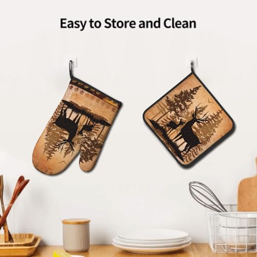 Forest Deer Oven Mitts and Pot Holder Kitchen Accessories Sets Wildlife Animal Heat Resistant Oven Gloves Hot Pads for Baking Cooking BBQ (Forest Deer)