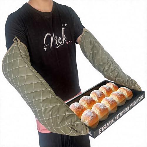 Extra Long 24 Inch Heat Resistant Oven Gloves New Cotton Oven Mitts Kitchen Gloves High Temperature Cooking Tool BBQ Gloves (Green / 24 Inch)