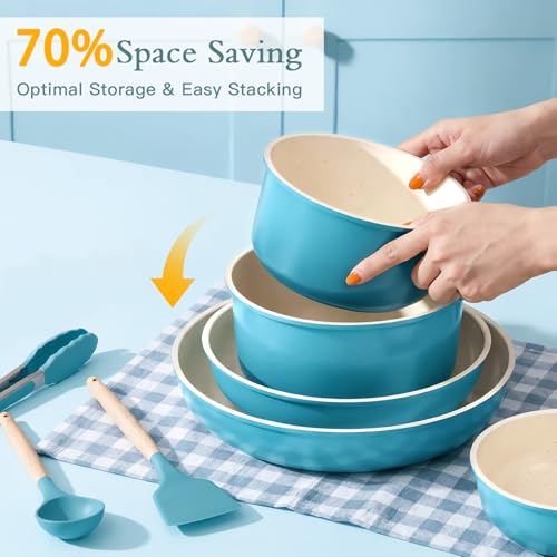 Pots and Pans Set Non Stick (Light Blue Gradient / 21PCS-Big Size)