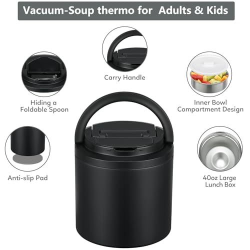 Soup Thermo for Hot Food Adults 40oz Lunch Containers Wide (Black)