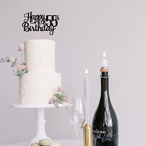 1 PCS Happy 55th Birthday Cake Topper Glitter Cheers to 55 Years Birthday Cake Pick 55 Fabulous Cake Decoration for Happy 55th Birthday Theme Party Decorations Supplies Black (Black / 55th)