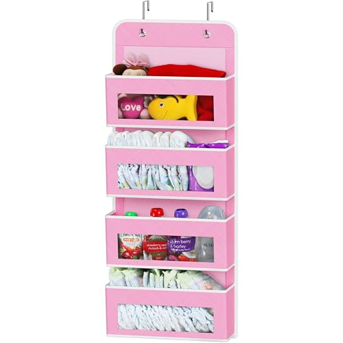 4 Clear Window Pocket Over Door Hanging Organizer (4 Pockets / Pink)