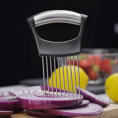 Onion Cut Tomato Slicer Lemon Handy Kitchen Slicing Tool With 10 Even Prongs For Onion Lemon Potato Tomato Slices And Can Be Used To Assist In Cutting Fish (Black)