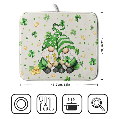 St Patrick's Day Gnome Dish Drying Mat 16x18 inch Lucky Shamrock Absorbent Reversible Dishes Drainer Rack Mat for Coffee Bar Kitchen Decor (Shamrock Gnome / 16" x 18")