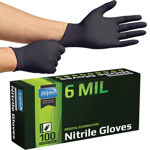 Black Nitrile Gloves HEAVY DUTY 6 Mil Nitrile Chemical Resistant Medical Cooking Cleaning Disposable Black Gloves (Large / Black 6mil Box of 100)