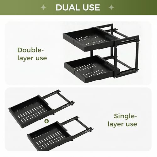 Expandable Pull Out Cabinet Organizer (Black / 15.7"D×12"-18.5"W)