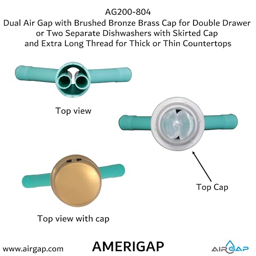 Dual Air Gap with Brushed Bronze Brass Cap for Double Drawer or Two Separate Dishwashers with Skirted Cap and Extra Long Thread for Thick or Thin Countertops (AG200-804)
