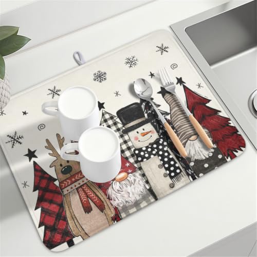 Winter Snowman Gnome Dish Drying Mat Xmas Tree Dishes Pad 18"x24" Microfiber Fast Dry Dish Drainer Rack Mats Kitchen Countertop Accessories (Winter Snowman Gnome / 18x24 inch)