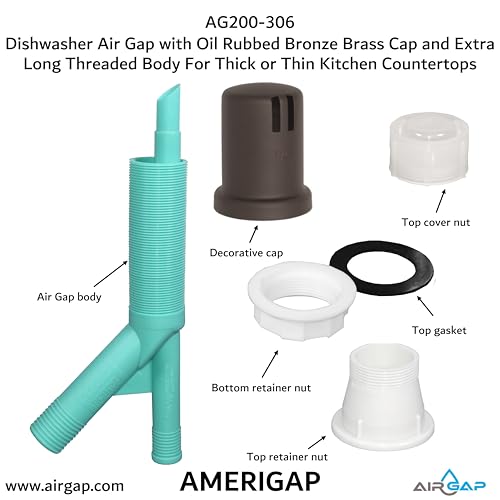 Dishwasher Air Gap with Skirted Oil Rubbed Bronze Brass Cap and Extra Long Threaded Body for Thick or Thin Kitchen Countertops (AG200-306)