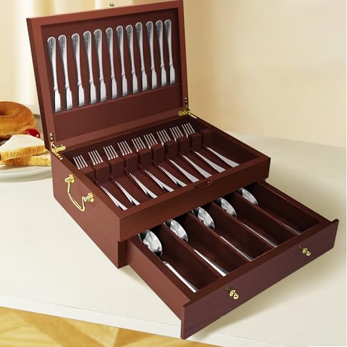 Silverware Storage Box Solid Wood with Lid (Walnut / 2 Layer)