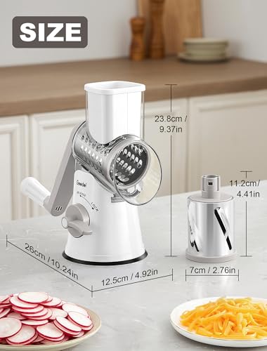 Rotary Cheese Grater Vegetable Shredder With 6 Interchangeable Blades No Slip Suction Base (White Grey / 6 Blades)