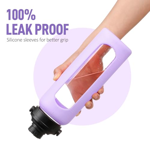 32oz Glass Water Bottle with Straw and 2 Lids (Purple / 32 Ounces)