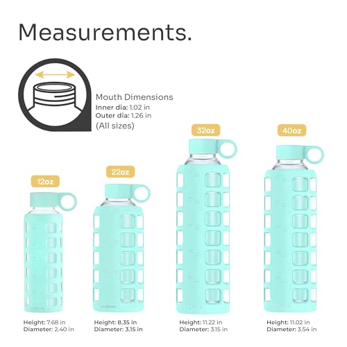 40oz / 32oz / 22oz / 12oz Borosilicate Glass Water Bottle with Time & Volume Markers, Silicone Sleeve, Stainless Steel Lid | Reusable Glass Bottle for Water & Juice (12oz Glow-in-the-Dark) (Glow-in-the-Dark (1 Count) / 12 Ounces)