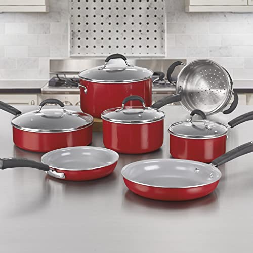 54C-11R 11-Piece Ceramica XT Nonstick Cookware Set, Red/Stainless Steel (Red w/Grey Interior / Cookware Set)