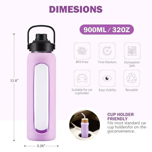 32 oz Glass Water Bottle with Straw and 2 Lids (Light Purple / 32 Ounces)