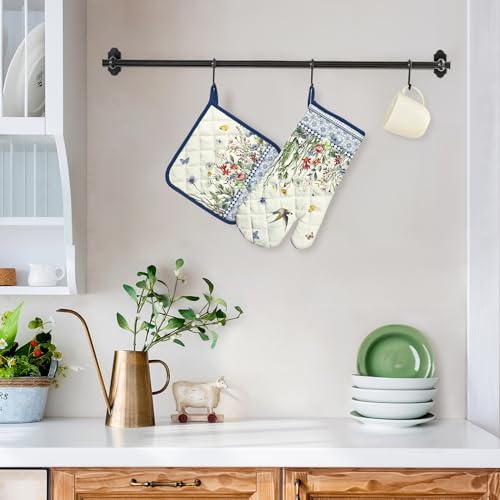 Country Wildflower Oven Mitts and Pot Holders Set (Retro Wildflowers / Oven Mitt x1 & Pot Holder x1)