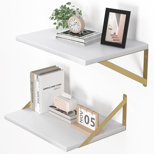 16W x 12D Deep Floating Shelves Set of 2 White & Gold (White With Golden Bracket / 16wx12dx5.8h)