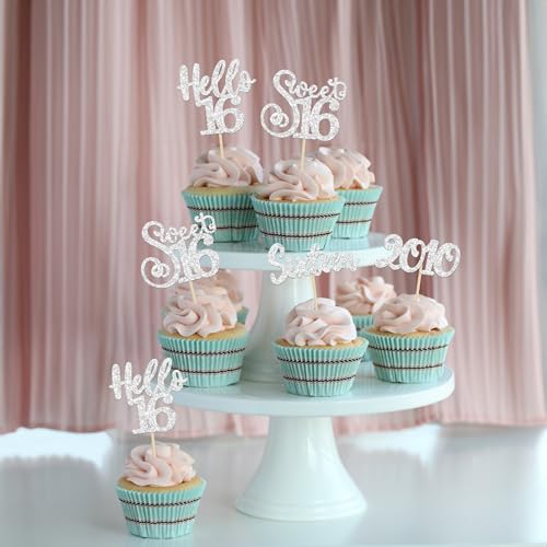 24Pcs 16th Birthday Cupcake Toppers Silver Glitter Hello 16 Sweet 16 Cupcake Picks 2010 16th Birthday Cake Decorations for Celebrating Anniversary Party Supplies (24 Count)