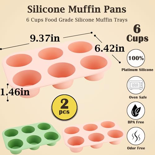 6 Cups Silicone Muffin Pan Set (Set of 2--6 Cups (Green+Pink))