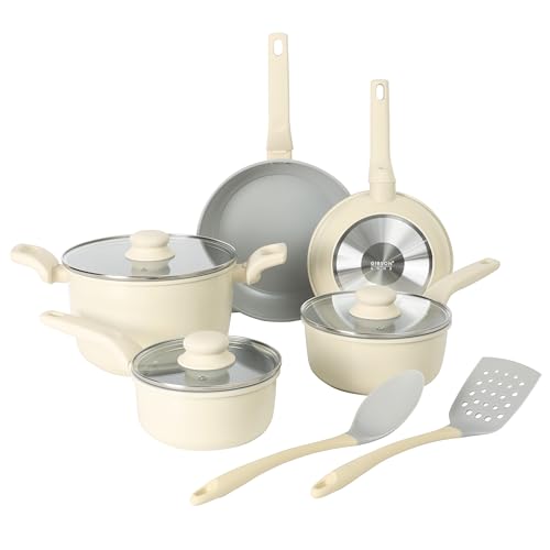 Barnsdall 10 Piece Premium PFA Free Ceramic Nonstick Pots and Pans Aluminum Induction Cookware Set W (8 & 9.5 Inches / Linen White)