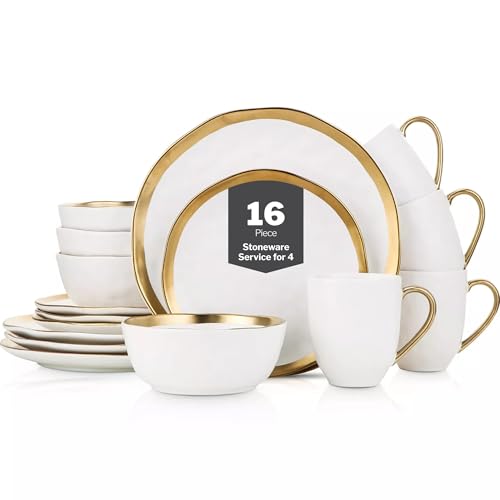 Modern Poreclain 16 Piece Dinnerware Set (16-Pieces Service for 4 / White with Gold Rim)